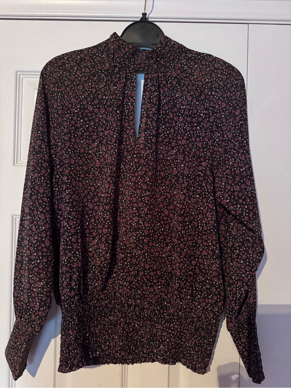 Reitmans Black Blouse with Pink Floral Print and Smocked Hem